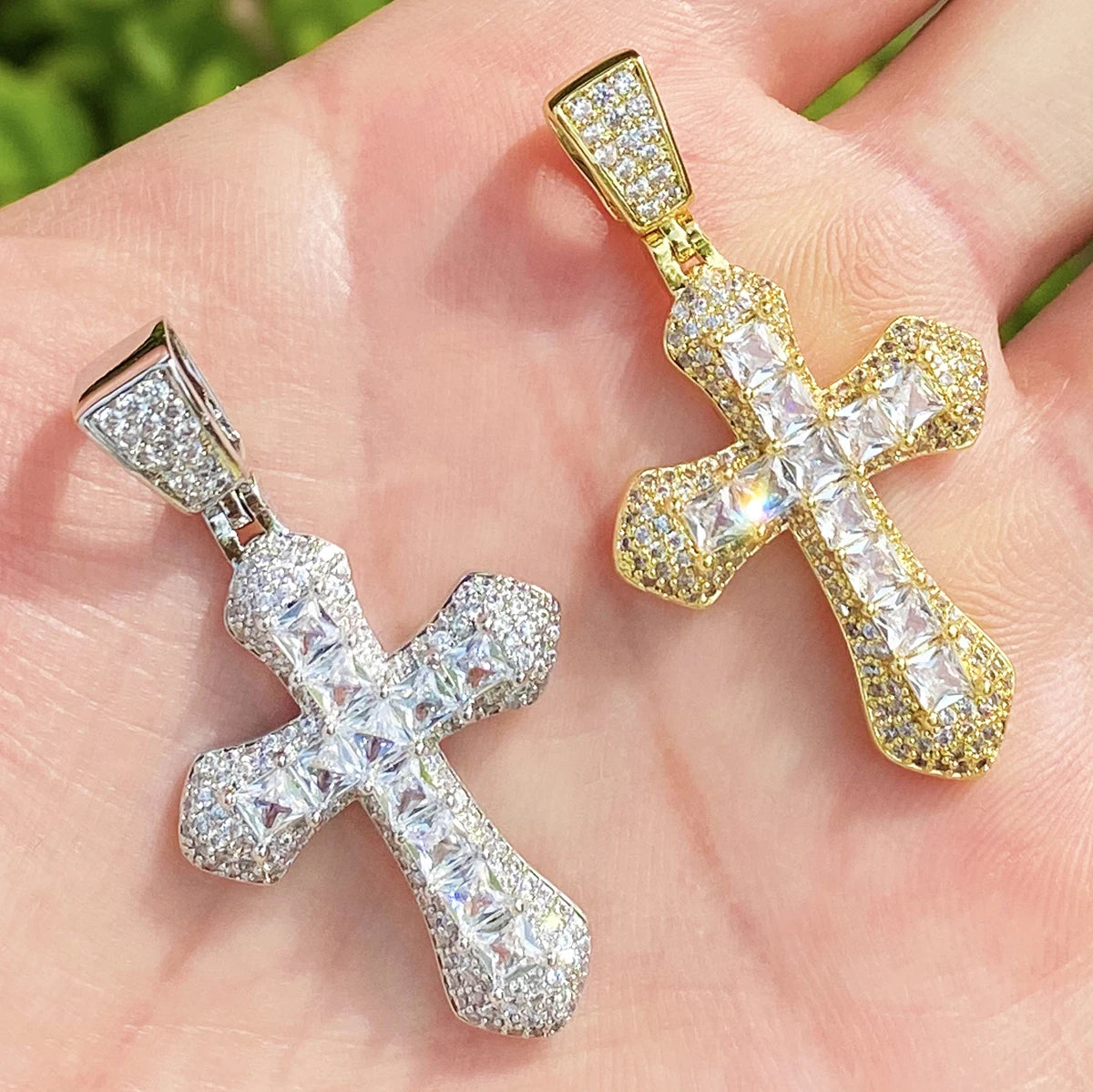 Bubble Letter Iced Out Small Baguette Cross Necklace Pendant for Men Real Gold Plated 5A Cubic Zirconia Hip Hop Jewelry