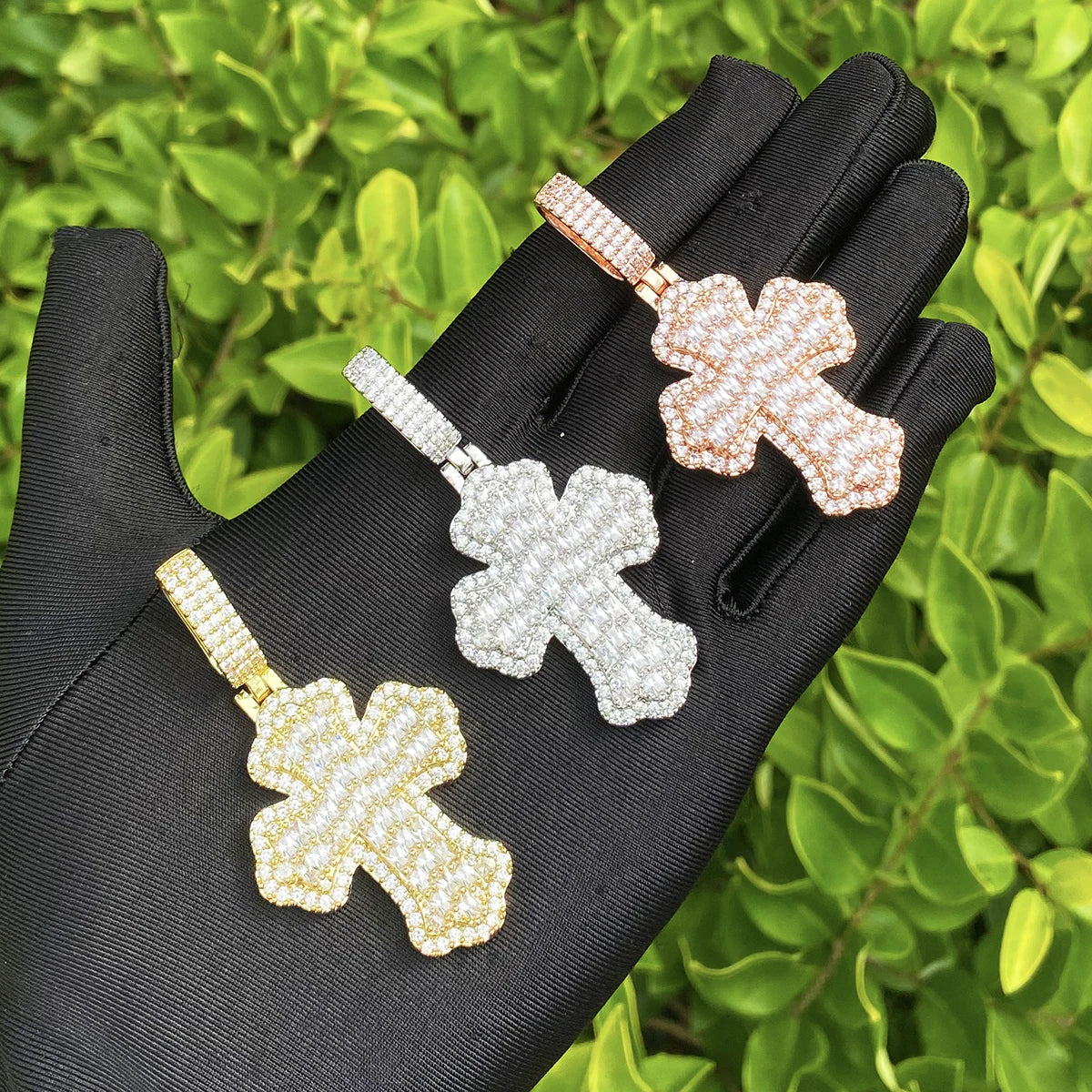 Bubble Letter Iced Out Baguette Cross Necklace Pendant for Women Real Gold Plated Hip Hop Jewelry