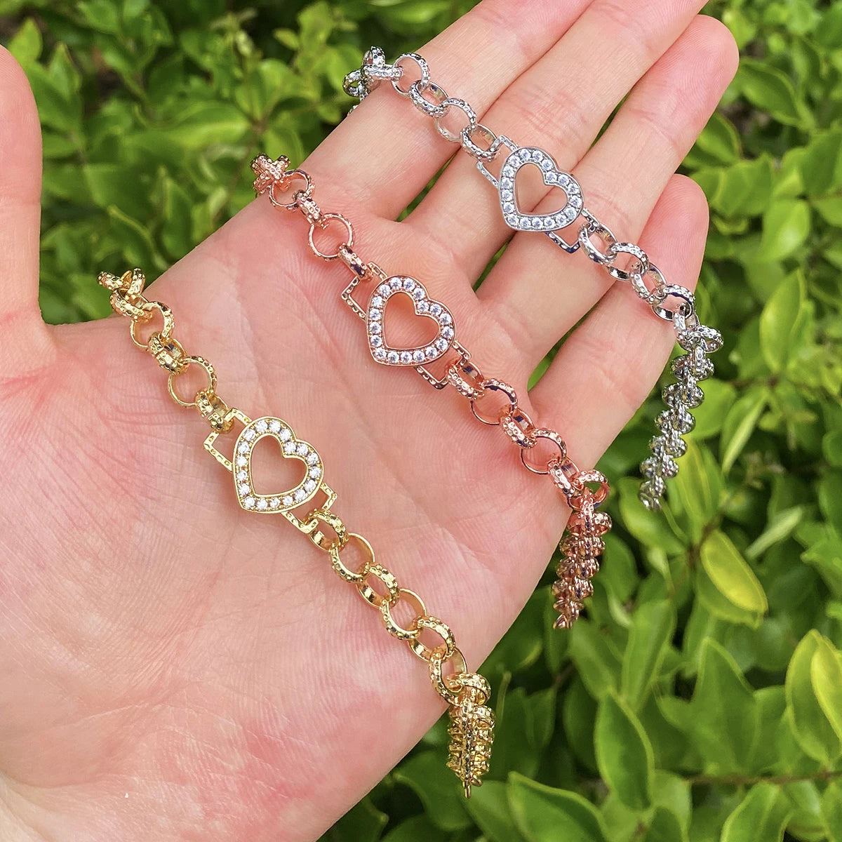 Bubble Letter Iced Out Ring Link Bracelet Heart for Women Real Gold Plated 5A Grade Hip Hop Jewelry