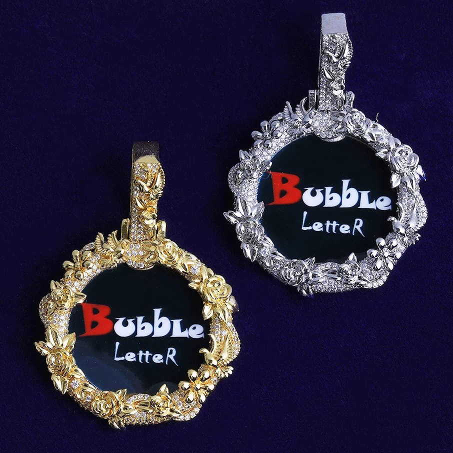 Bubble Letter Iced Out Dove Rose Flower Custom Picture Necklace Pendant for Men Real Gold Plated Cubic Zirconia Hip Hop Jewelry