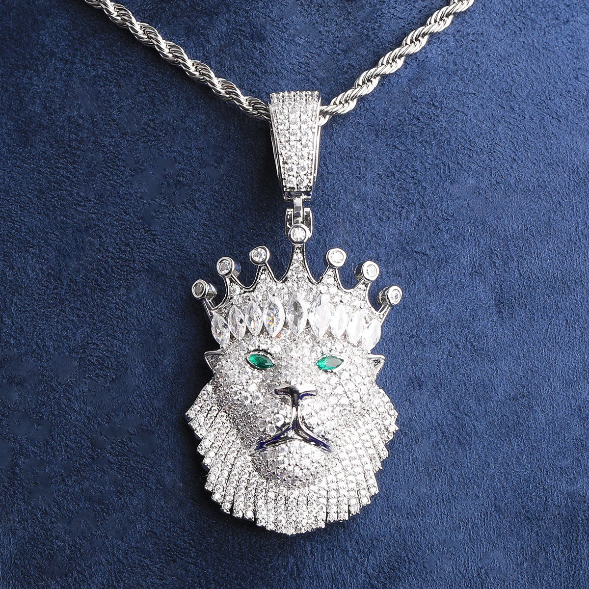 Bubble Letter Iced Out Crown Lion Green Eye Necklace Pendant for Men Real Gold Plated 5A Cubic Zirconia Hip Hop Jewelry