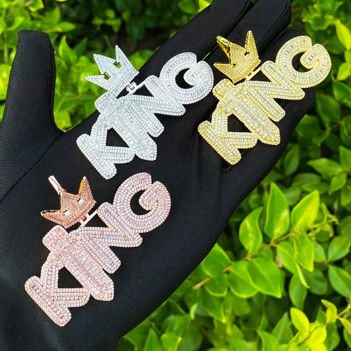 Bubble Letter Iced Out King Sword Crown Bail Necklace Pendant for Men Prong Setting 5A Cubic Zirconia Hip Hop Jewelry