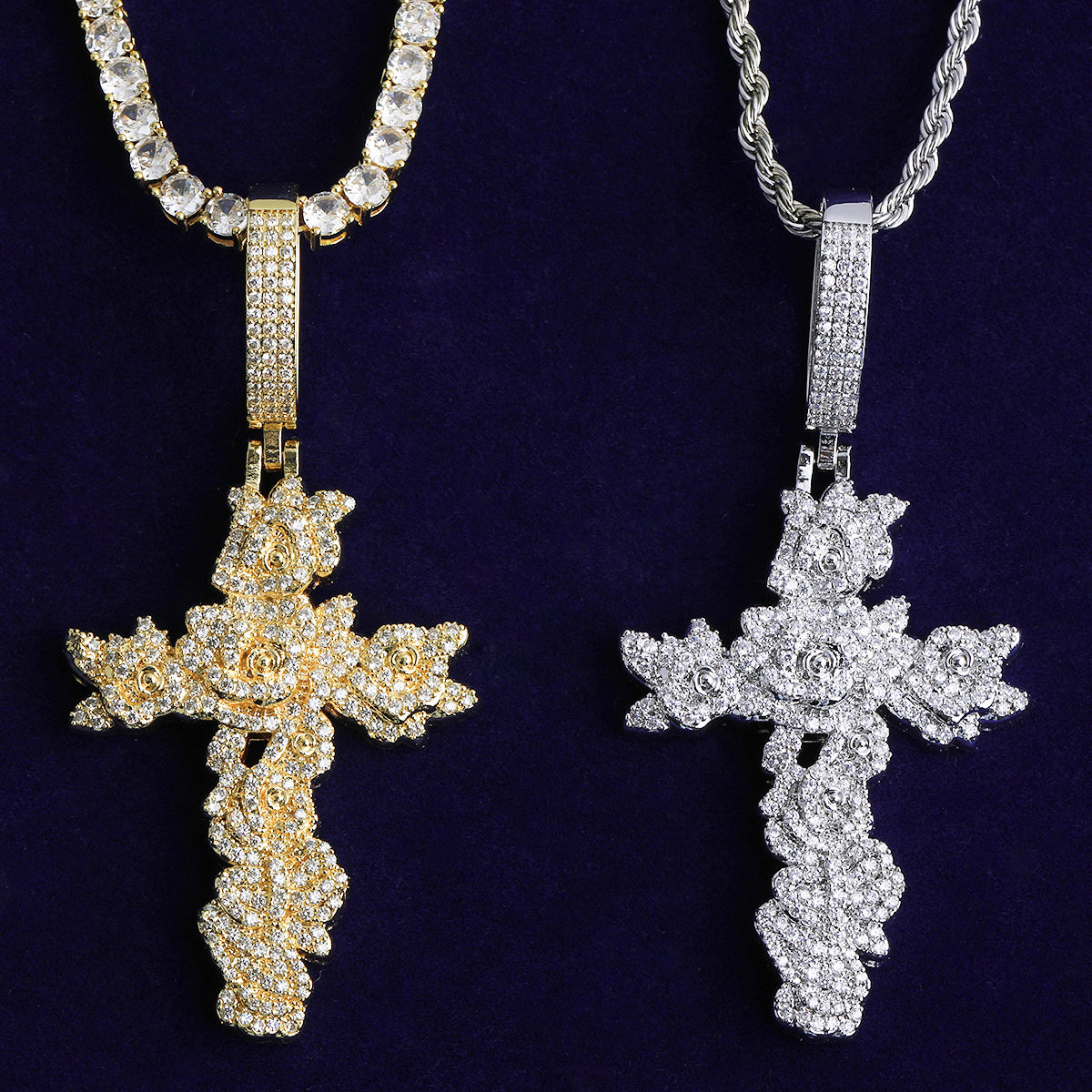 Bubble Letter Iced Out Rose Flower Cross Necklace Pendant for Women Real Gold Plated 5A Cubic Zirconia Hip Hop Jewelry
