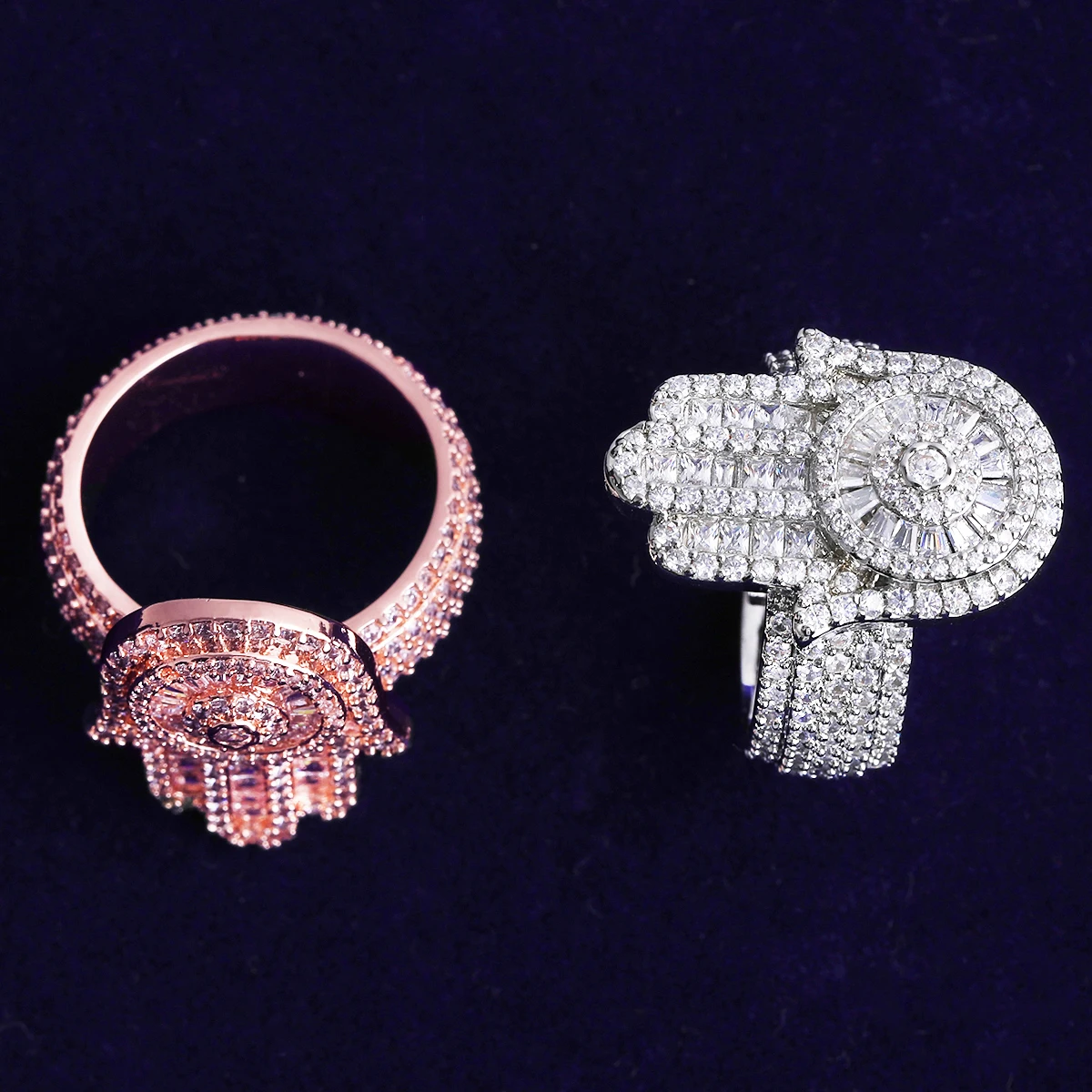 Bubble Letter Iced Out Hamsa Hand Ring for Men Real Gold Plated Cubic Zirconia Hip Hop Jewelry