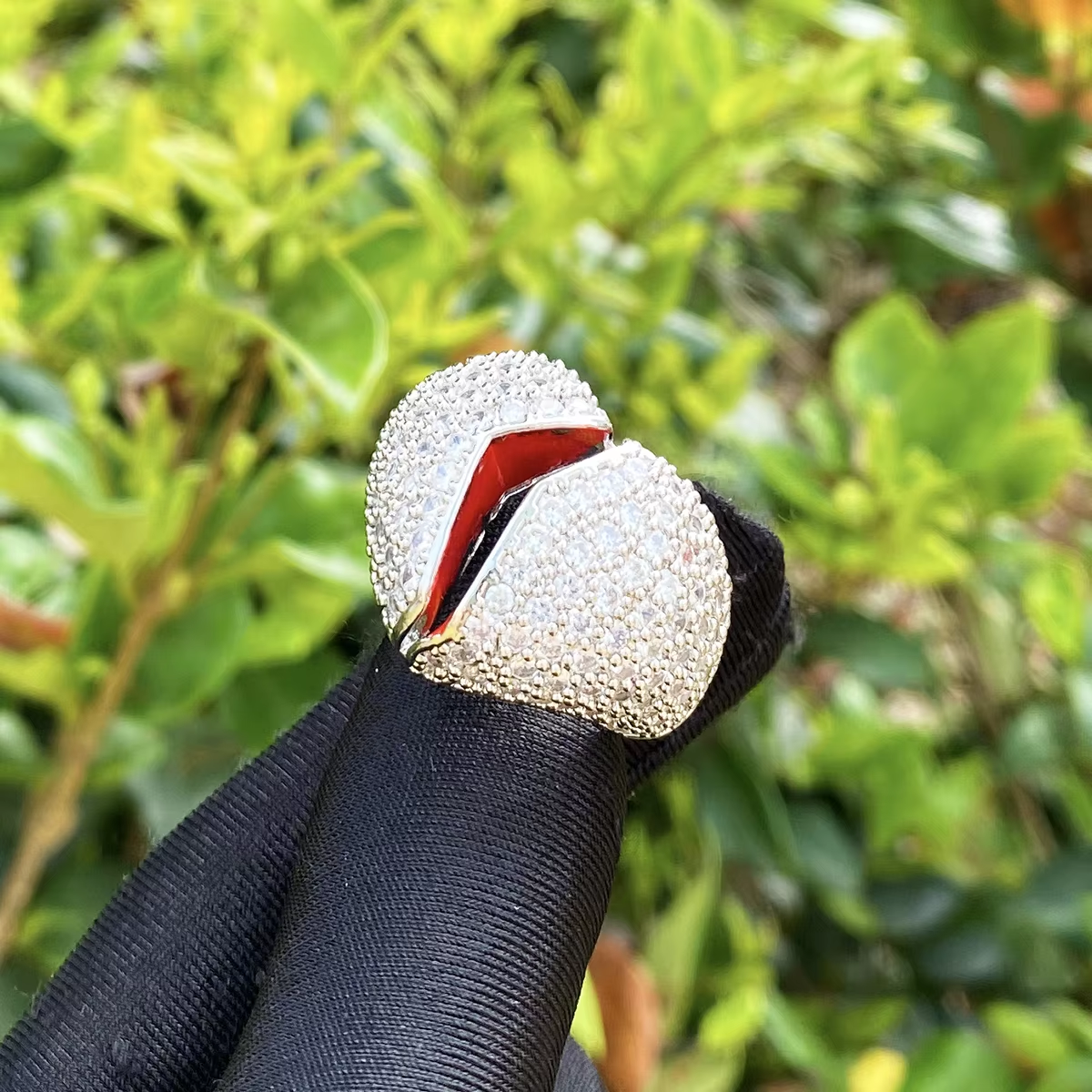 Bubble Letter Iced Out Broken Heart Ring for Men Real Gold Plated Cubic Zirconia Hip Hop Jewelry