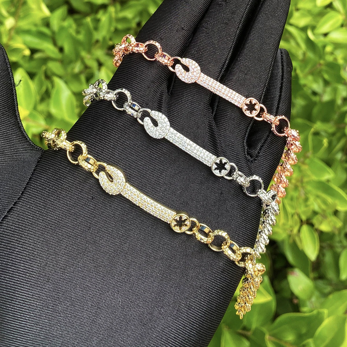 Bubble Letter Iced Out Belcher Ring Link Bracelet Wrench for Men Prong Setting Real Gold Plated Hip Hop Jewelry