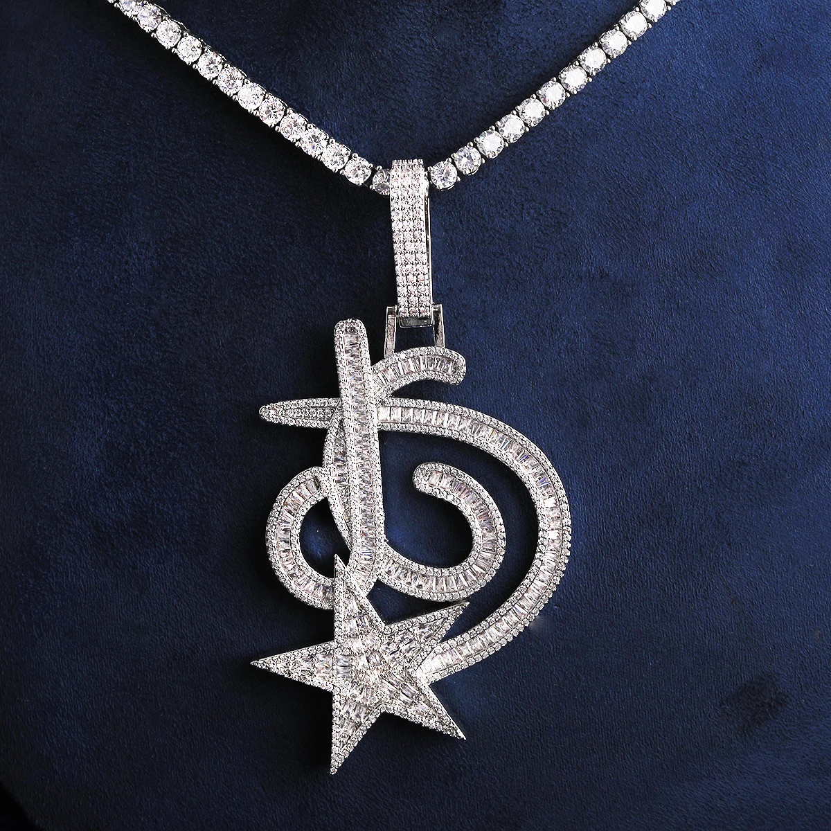 Bubble Letter Iced Out JG Star Necklace Pendant for Men Real Gold Plated Cubic Zirconia Hip Hop Jewelry