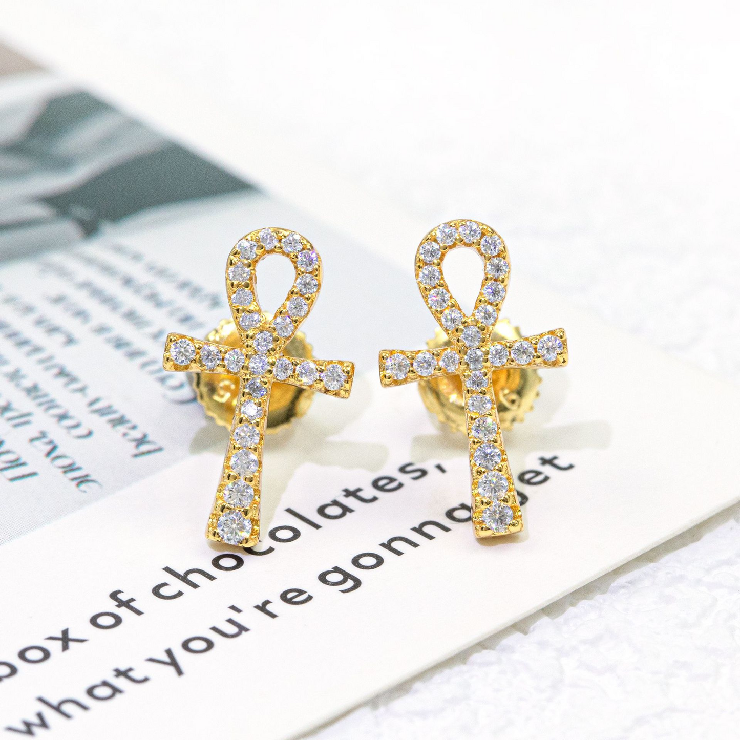 Bubble Letter Silver Moissanite VVS Ankh Cross Stud Earring for Men Hip Hop Jewelry