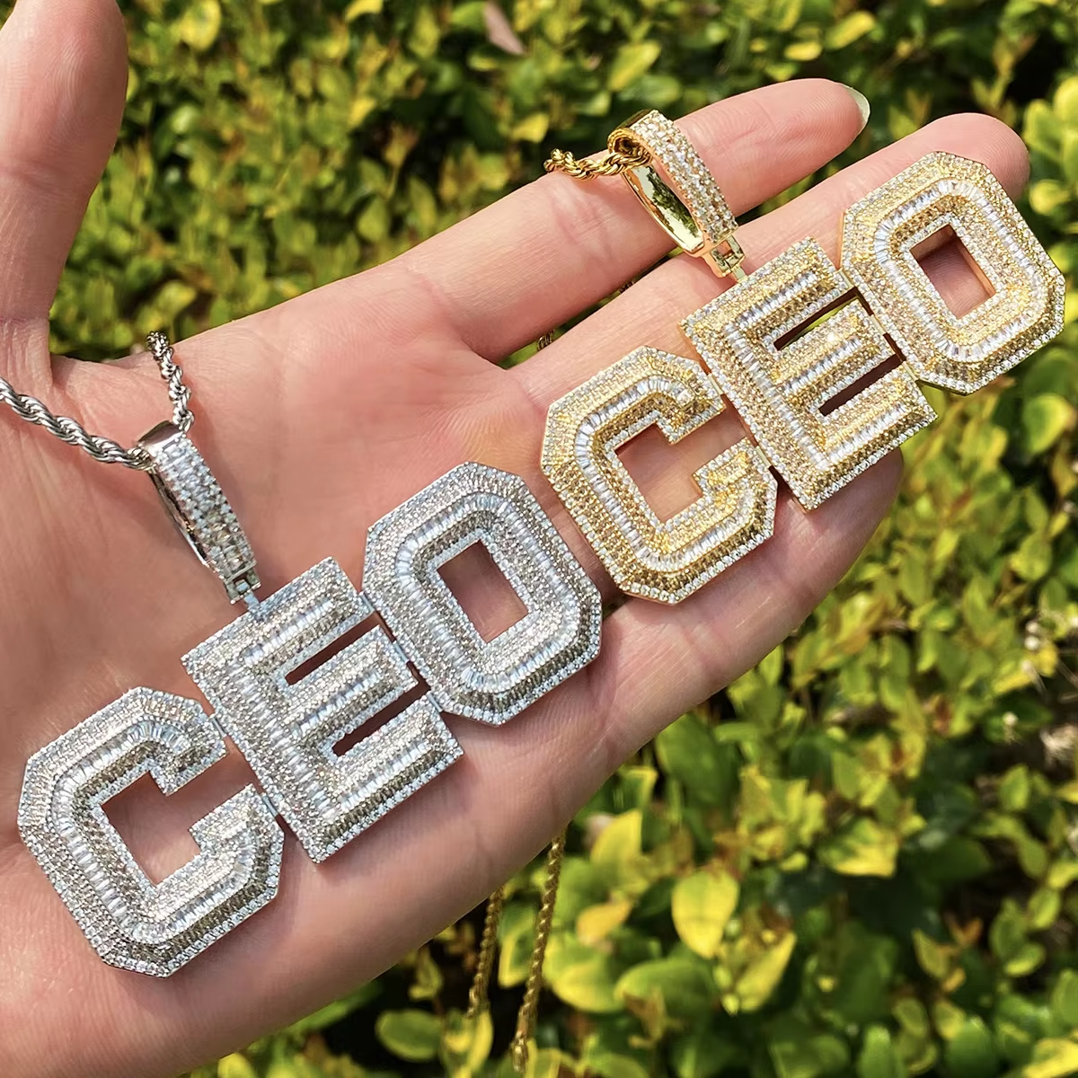 Bubble Letter Iced Out Text Letter CEO Necklace Pendant for Men Real Gold Plated Cubic Zirconia Hip Hop Jewelry