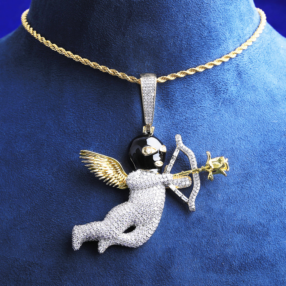 Bubble Letter Iced Out Angel Wing Arrow Necklace Pendant for Men 5A Real Gold Plated Hip Hop Jewelry