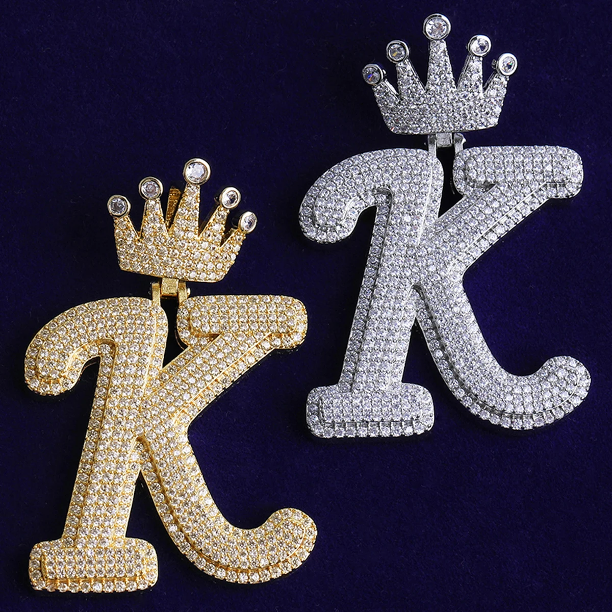 Bubble Letter Iced Out Initial Letter K Crown Bail for Men Necklace Pendant Real Gold Plated Cubic Zirconia Hip Hop Jewelry