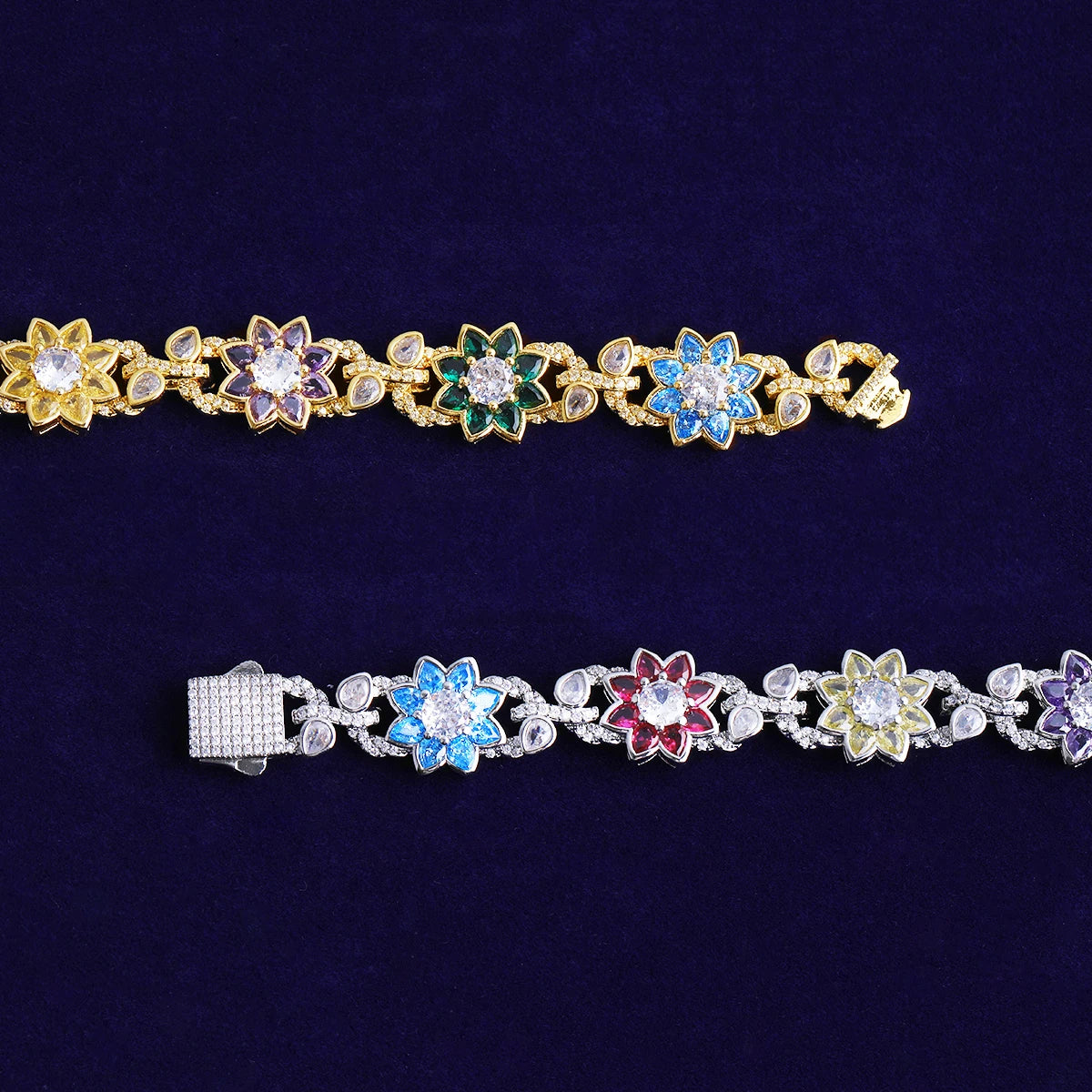 Bubble Letter Iced Out Colorful Flower leaves Necklace Choker for Women Prong Setting Real Gold Plated Hip Hop Jewelry