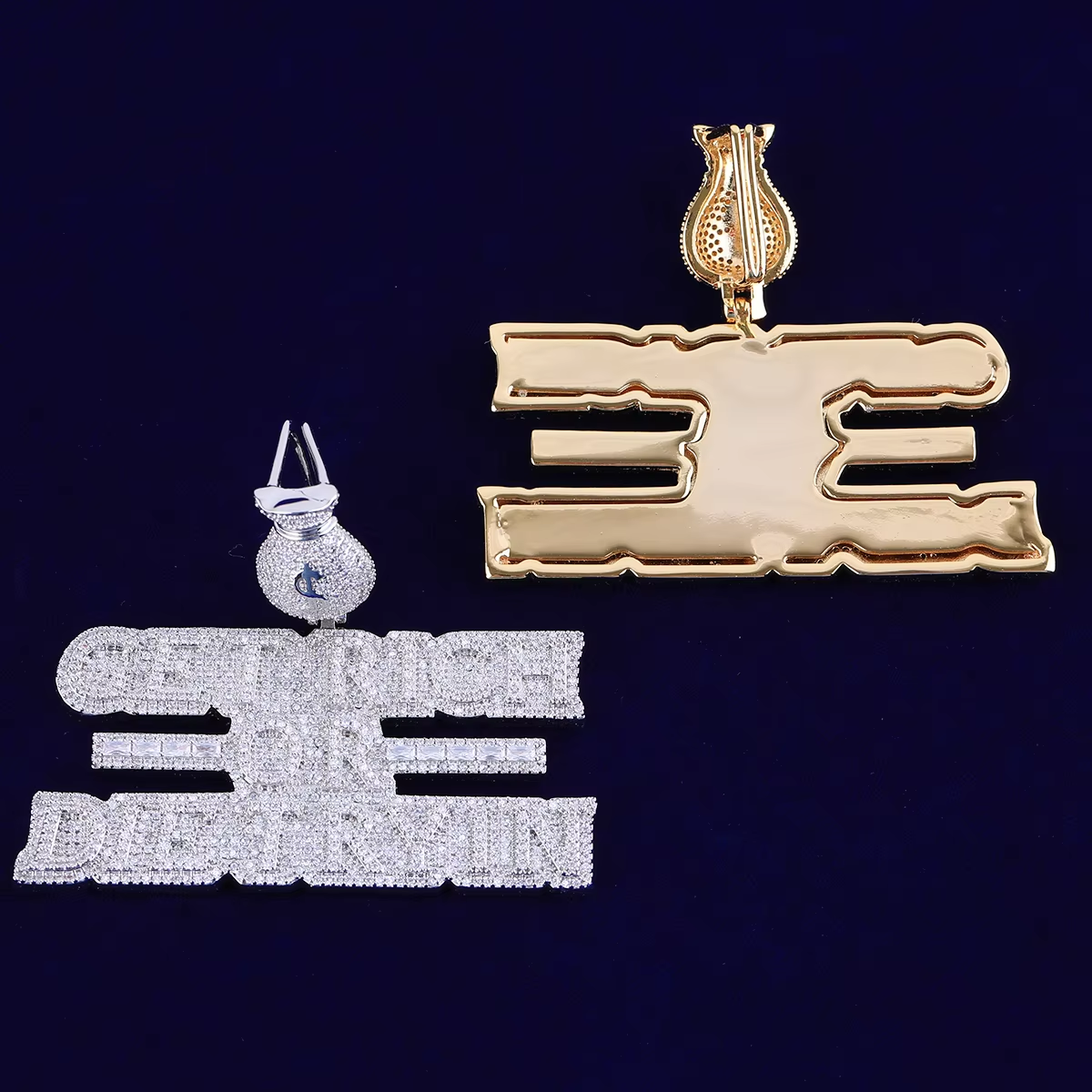 Bubble Letter Iced Out Necklace Pendant for Men Real Copper Get Rich Hip Hop Jewelry