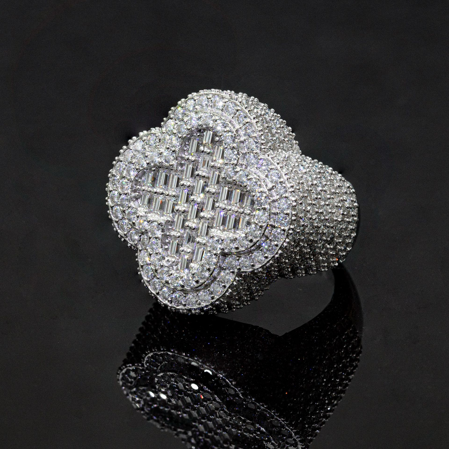 Bubble Letter Silver Moissanite VVS Baguette Flower Ring for Women Hip Hop Jewelry