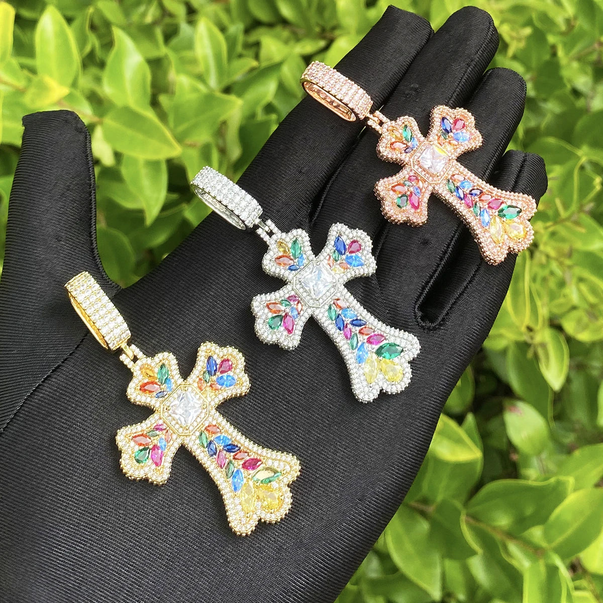 Bubble Letter Iced Out Colorful Cubic Zirconia Cross Necklace Pendant for Men Real Gold Plated 5A Grade Hip Hop Jewelry