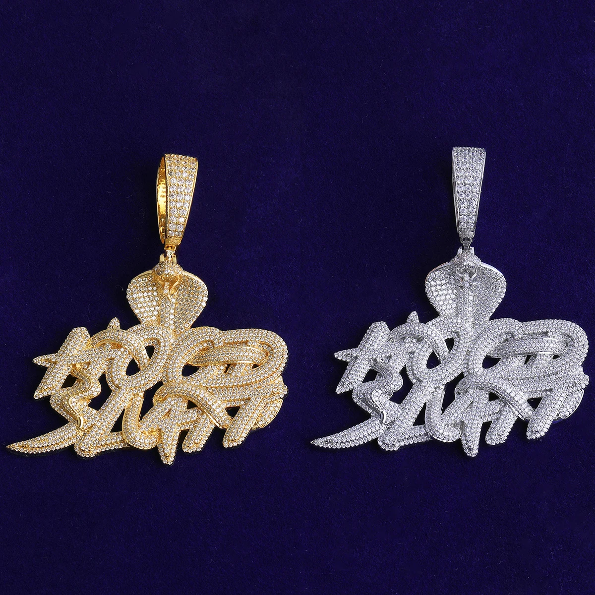 Bubble Letter Iced Out Snake Hood Hustle Necklace Pendant for Men Real Gold Plated Cubic Zirconia Hip Hop Jewelry