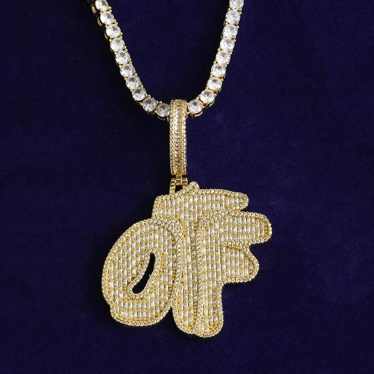 Bubble Letter Iced Out OTF Necklace Pendant for Men 5A Cubic Zirconia Prong Setting Real Gold Plated Hip Hop Jewelry