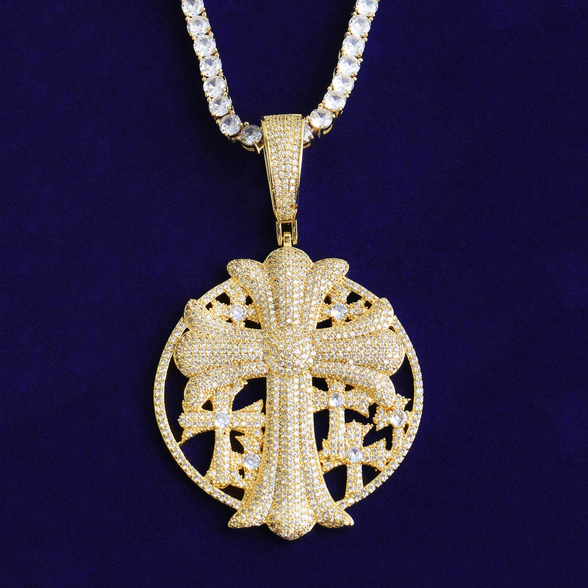 Bubble Letter Iced Out Cross Disc Necklace Pendant for Women Real Gold Plated 5A Cubic Zirconia Hip Hop Jewelry