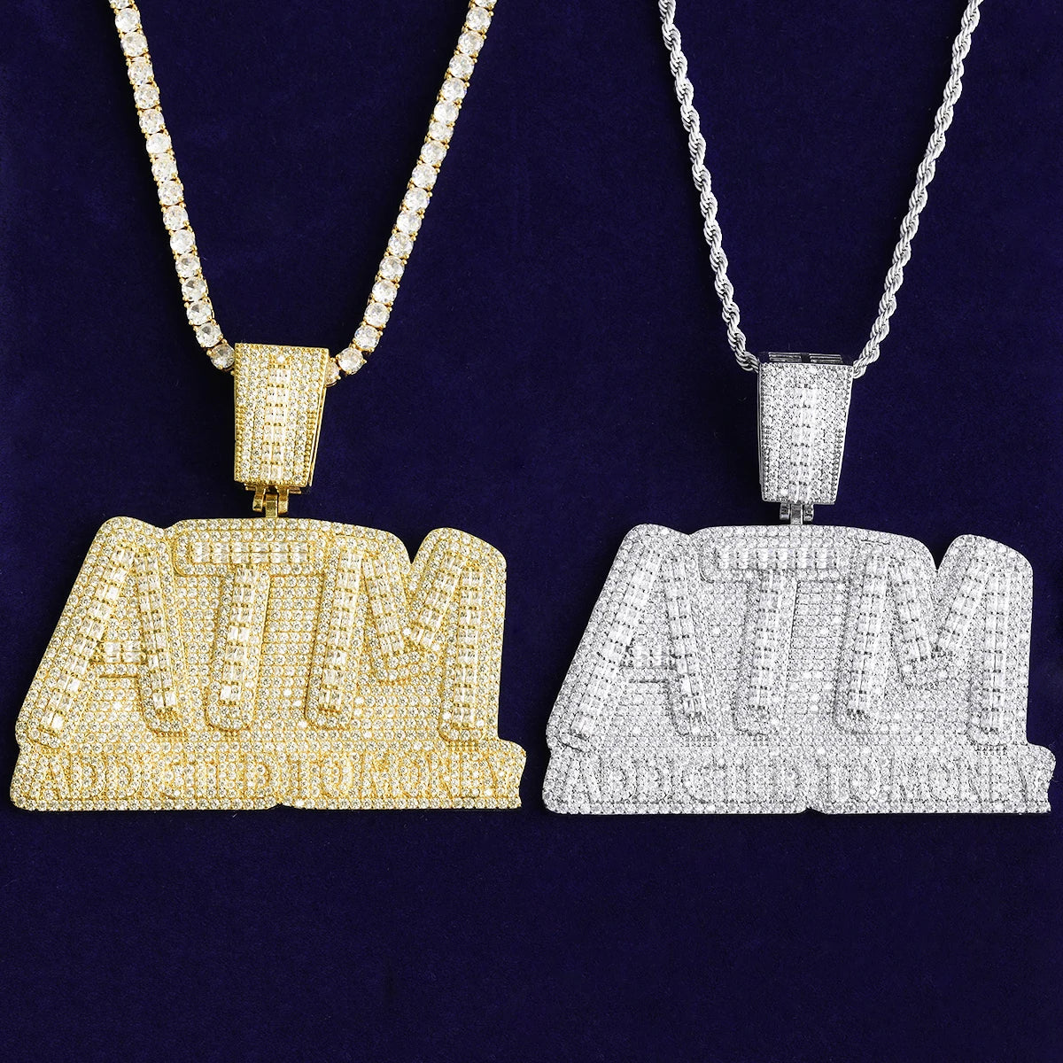 Bubble Letter Iced Out ATM Addicted to Money Necklace Pendant for Men Real Gold Plated 5A Cubic Zirconia Hip Hop Jewelry