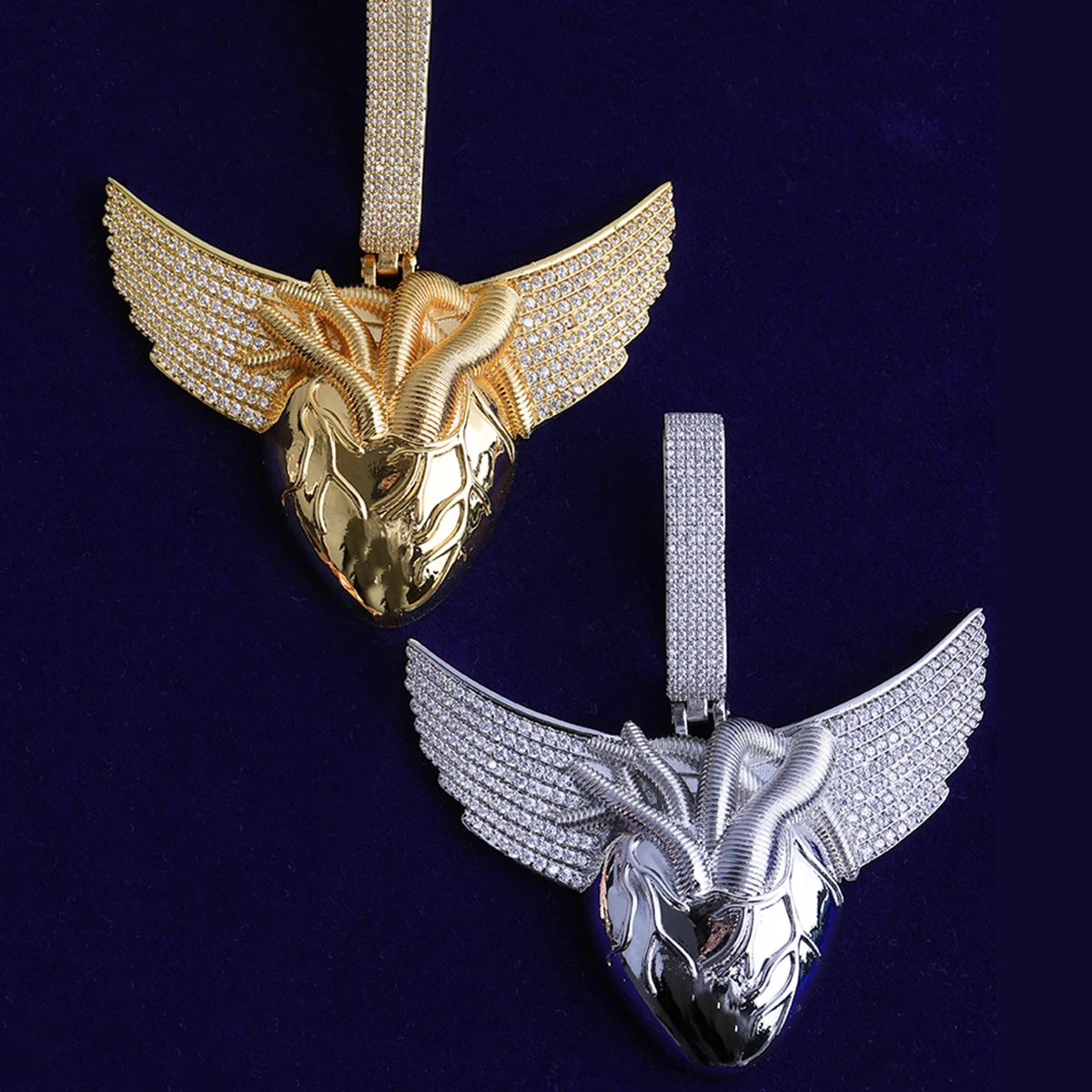 Bubble Letter Iced Out Heart Wing for Men Necklace Pendant Real Gold Plated Cubic Zirconia Hip Hop Jewelry