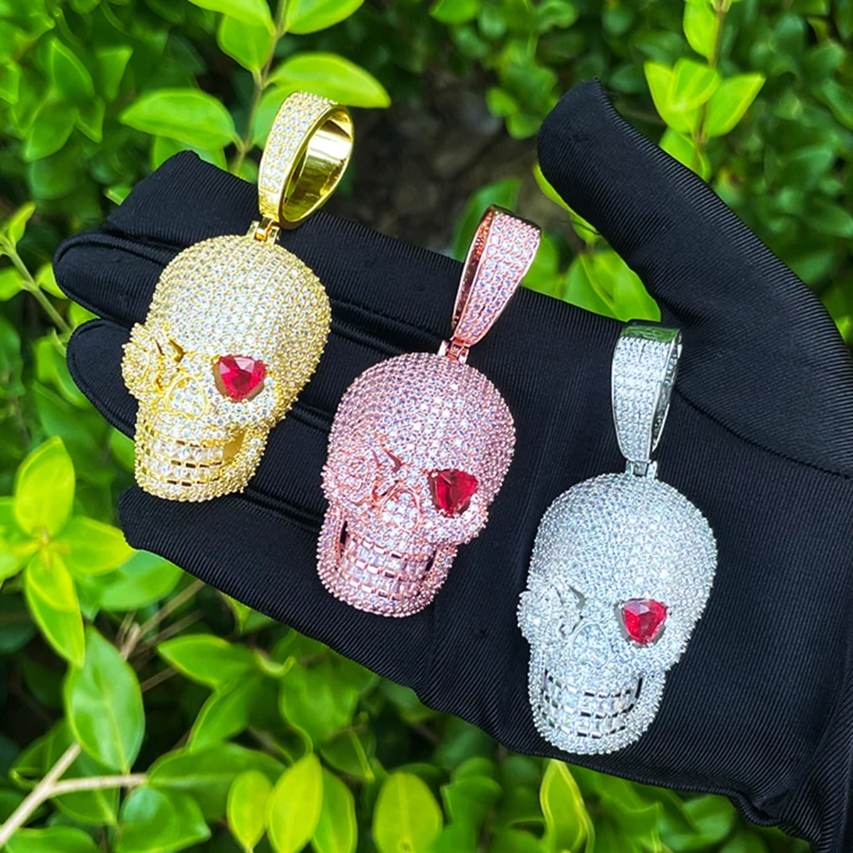 Bubble Letter Iced Out Rose Flower Red Eye Skull Necklace Pendant for Men Prong Setting 5A Cubic Zirconia Hip Hop Jewelry