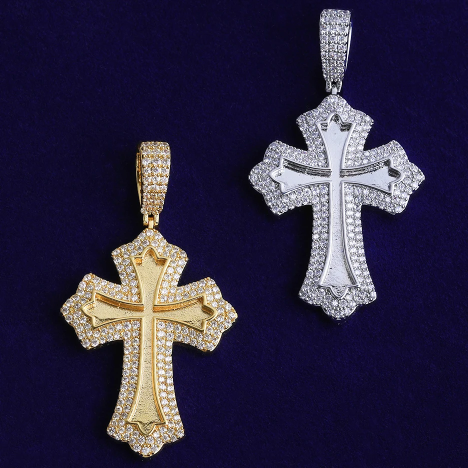Bubble Letter Iced Men Cross Necklace Pendant Real Gold Plated Cubic Zirconia Hip Hop Jewelry