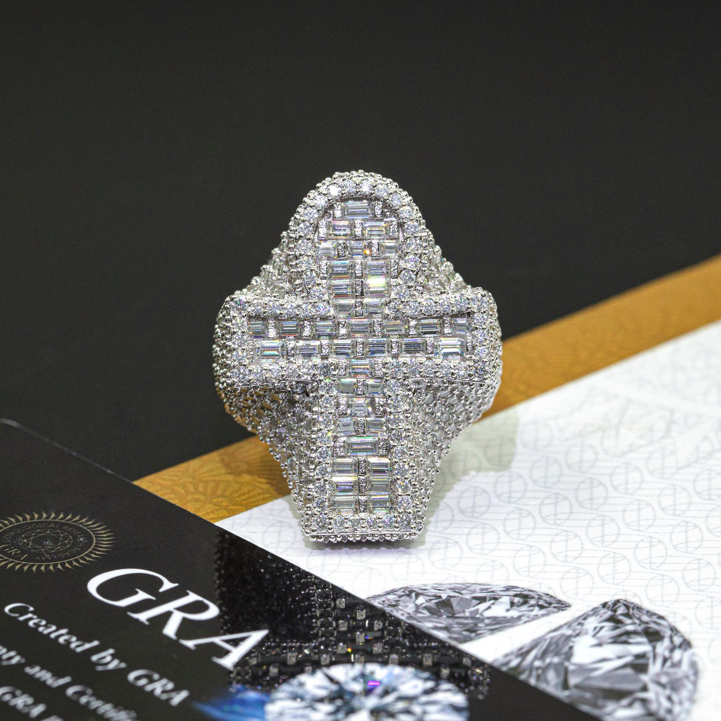 Bubble Letter Silver Moissanite VVS Baguette Ankh Cross Ring for Men Hip Hop Jewelry