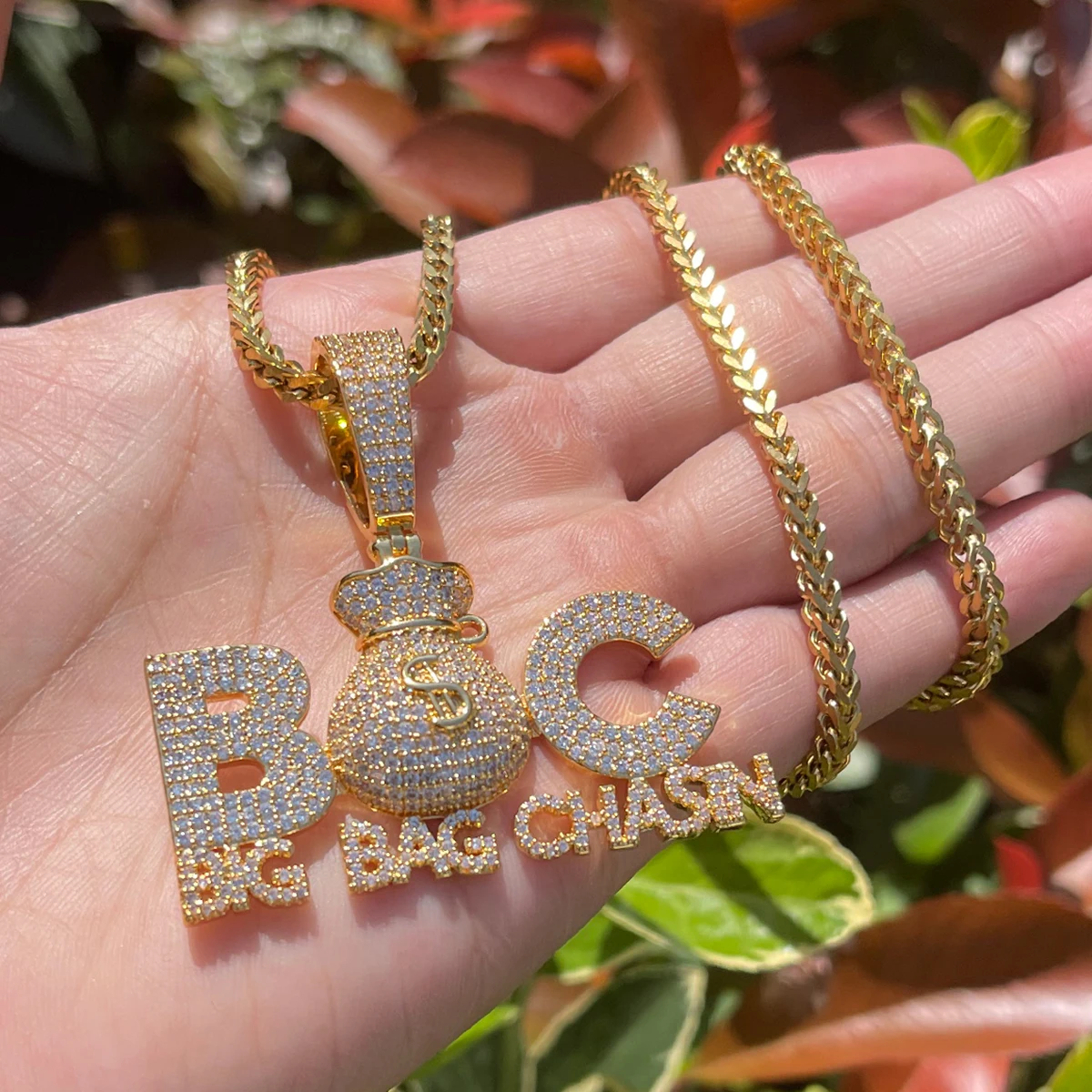 Bubble Letter Prong Necklace for Men Iced Out Pendant Big Bag Chase Charms Hip Hop Jewelry
