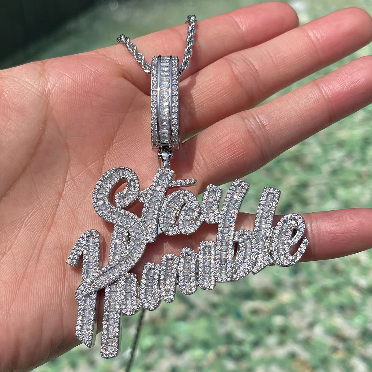 Bubble Letter Stay Humble Necklace for Men Iced Out Pendant Real Gold Plated Cubic Zirconia Hip Hop Jewelry