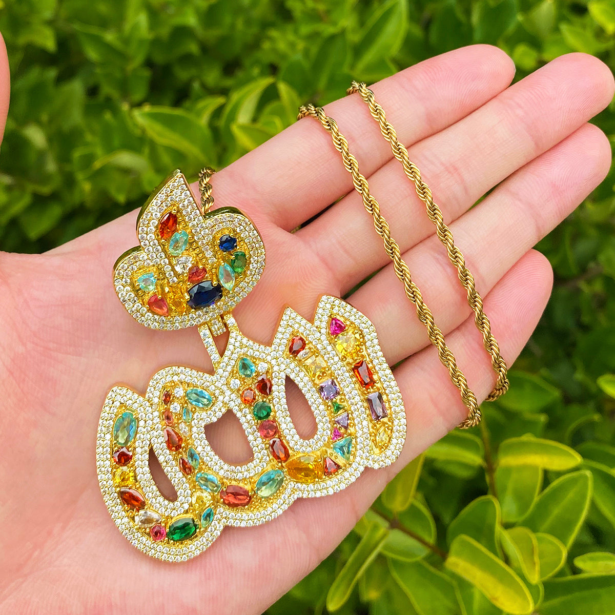 Bubble Letter Iced Out Colorful Allah Necklace Pendant for Men 5A Copper Cubic Zirconia Hip Hop Jewelry