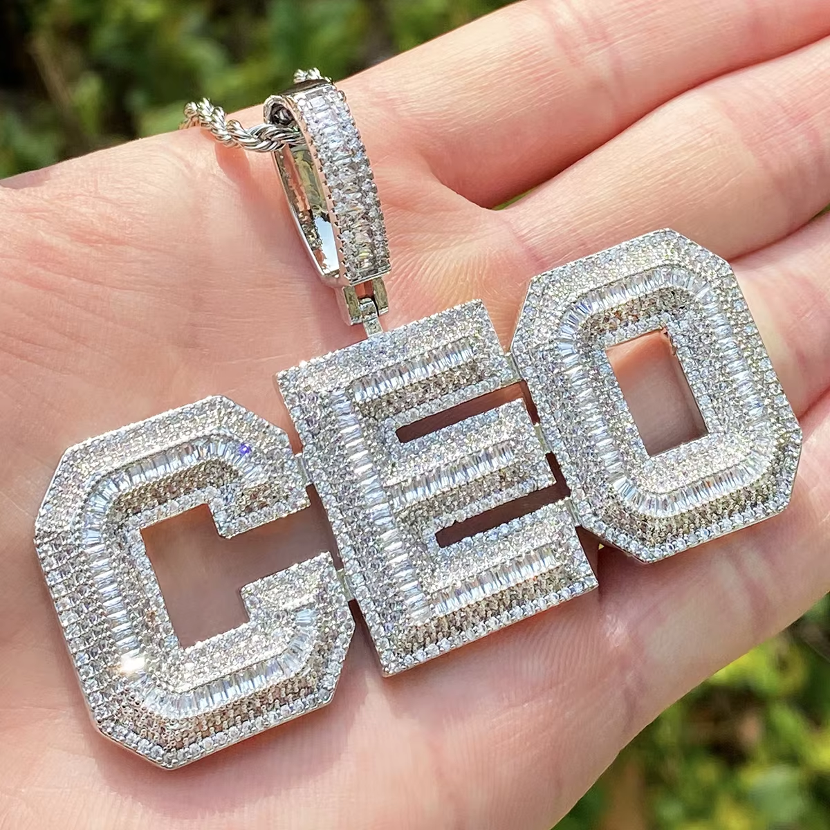 Bubble Letter Iced Out Text Letter CEO Necklace Pendant for Men Real Gold Plated Cubic Zirconia Hip Hop Jewelry