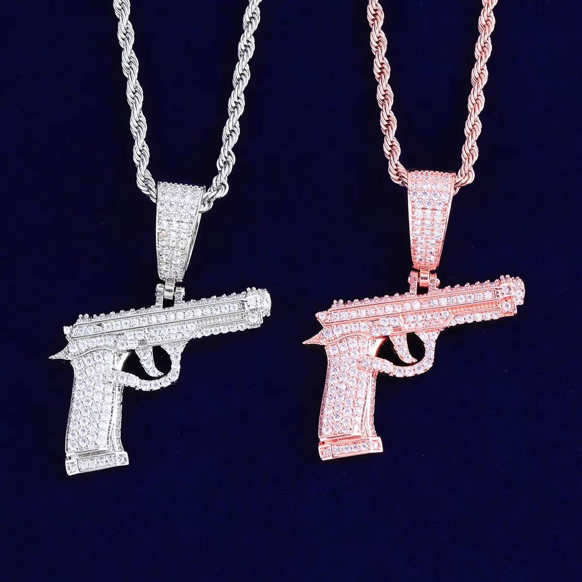 Bubble Letter Iced Out Gun Necklace Pendant for Men Street Culture Prong Setting Charm Cubic Zirconia Hip Hop Jewelry