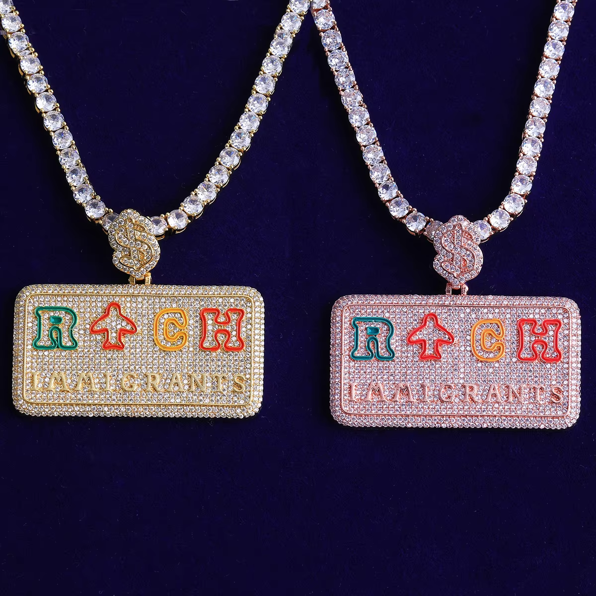 Bubble Letter Iced Out Rich Immigrant Necklace Pendant for Men Real Gold Plated Cubic Zirconia Hip Hop Jewelry