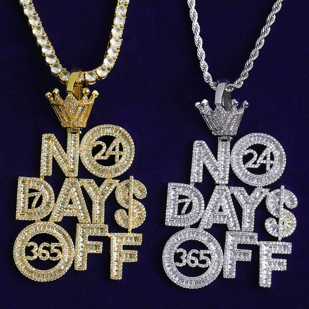 Bubble Letter Iced Out No Days Off Crown Bail Necklace Pendant for Men Prong Setting Real Gold Plated Hip Hop Jewelry
