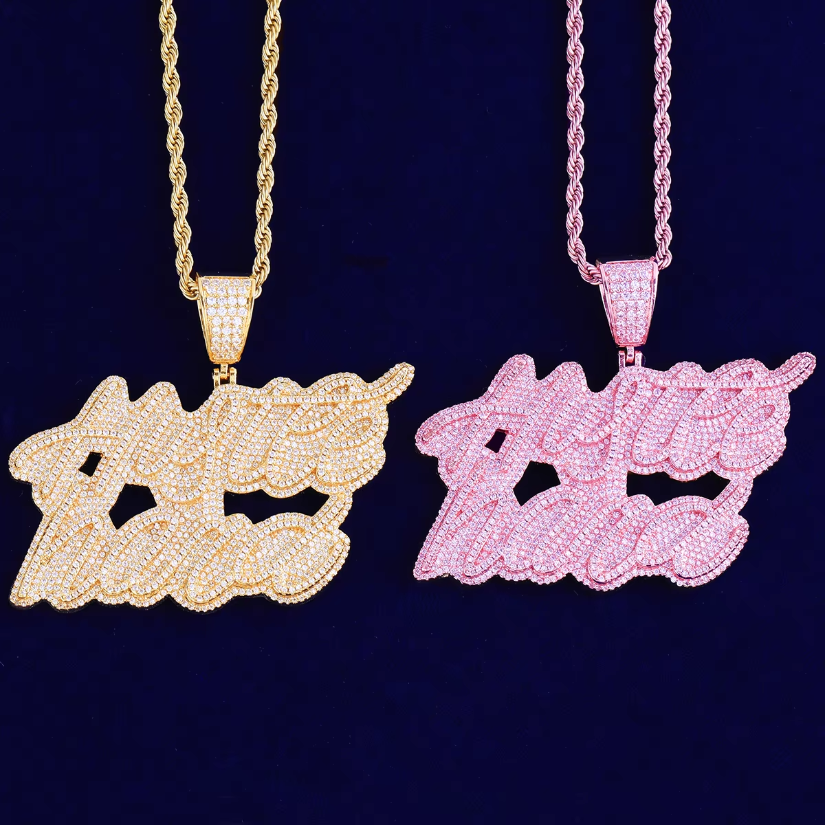 Bubble Letter Iced Out Hustle Hard Necklace Pendant for Men Real Copper Gold Plated Hip Hop Jewelry