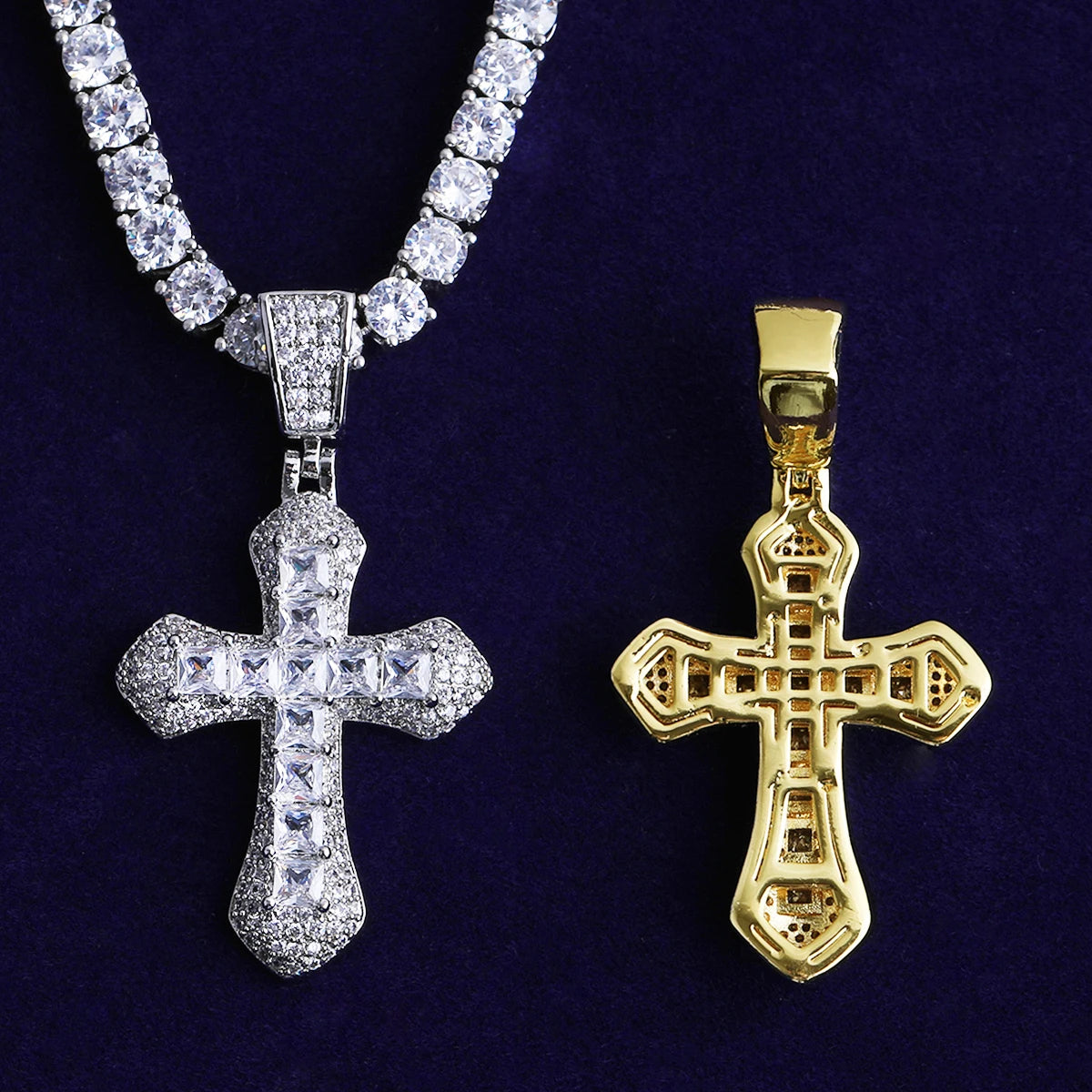 Bubble Letter Iced Out Small Baguette Cross Necklace Pendant for Men Real Gold Plated 5A Cubic Zirconia Hip Hop Jewelry