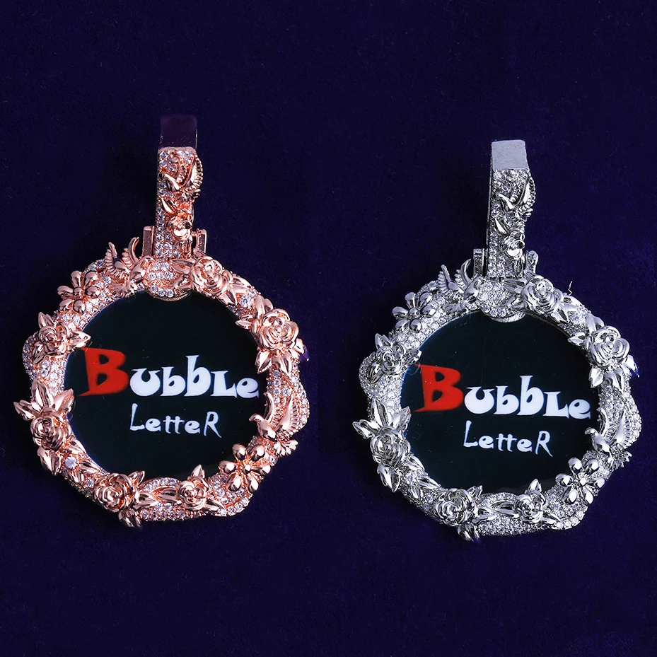 Bubble Letter Iced Out Dove Rose Flower Custom Picture Necklace Pendant for Men Real Gold Plated Cubic Zirconia Hip Hop Jewelry