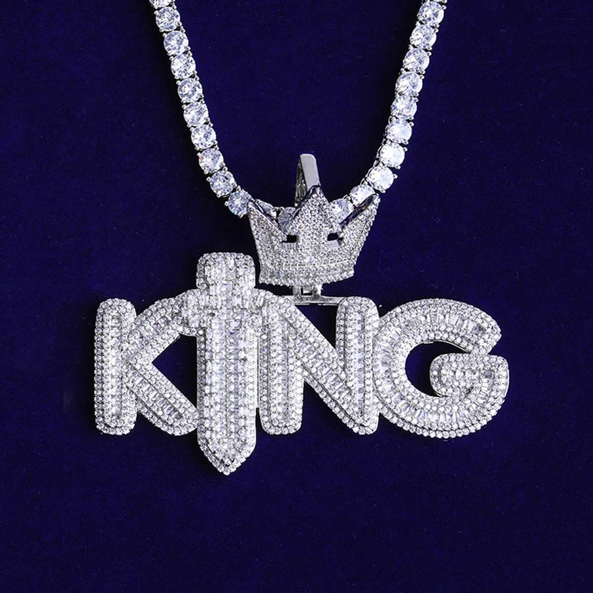 Bubble Letter Iced Out King Sword Crown Bail Necklace Pendant for Men Prong Setting 5A Cubic Zirconia Hip Hop Jewelry