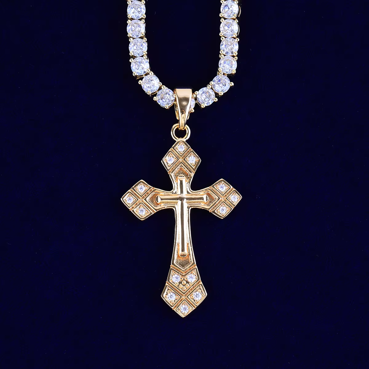 Bubble Letter Arrow Cross Necklace Pendant for Women Prong Setting Cubic Zirconia Hip Hop Jewelry
