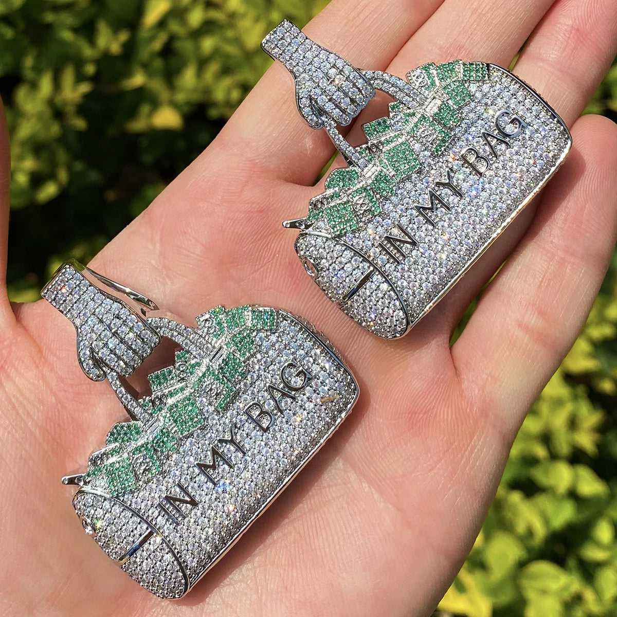 Bubble Letter Iced Out Silver Green In My Bag Necklace Pendant for Men Real Gold Plated 5A Cubic Zirconia Hip Hop Jewelry