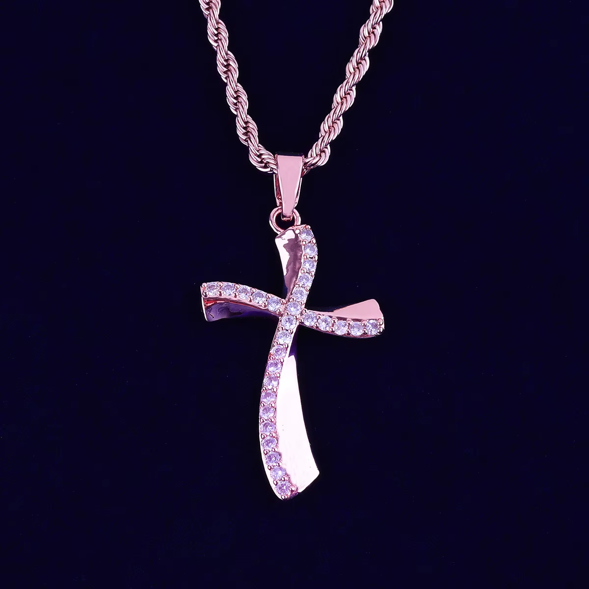 Bubble Letter Crooked Cross Necklace Pendant for Women Prong Setting Cubic Zirconia Hip Hop Jewelry