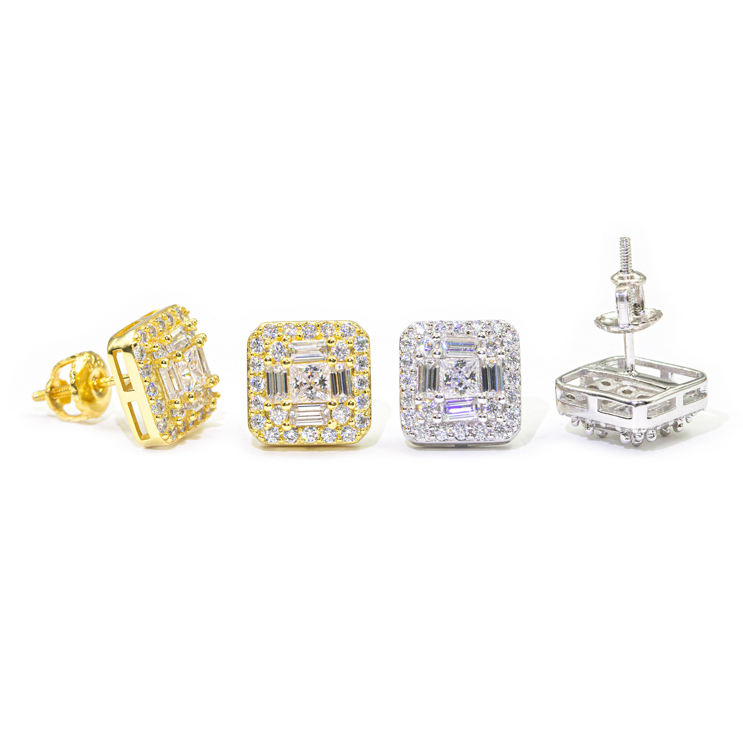Bubble Letter Silver Moissanite VVS Square Baguette Stud Earring for Men Hip Hop Jewelry