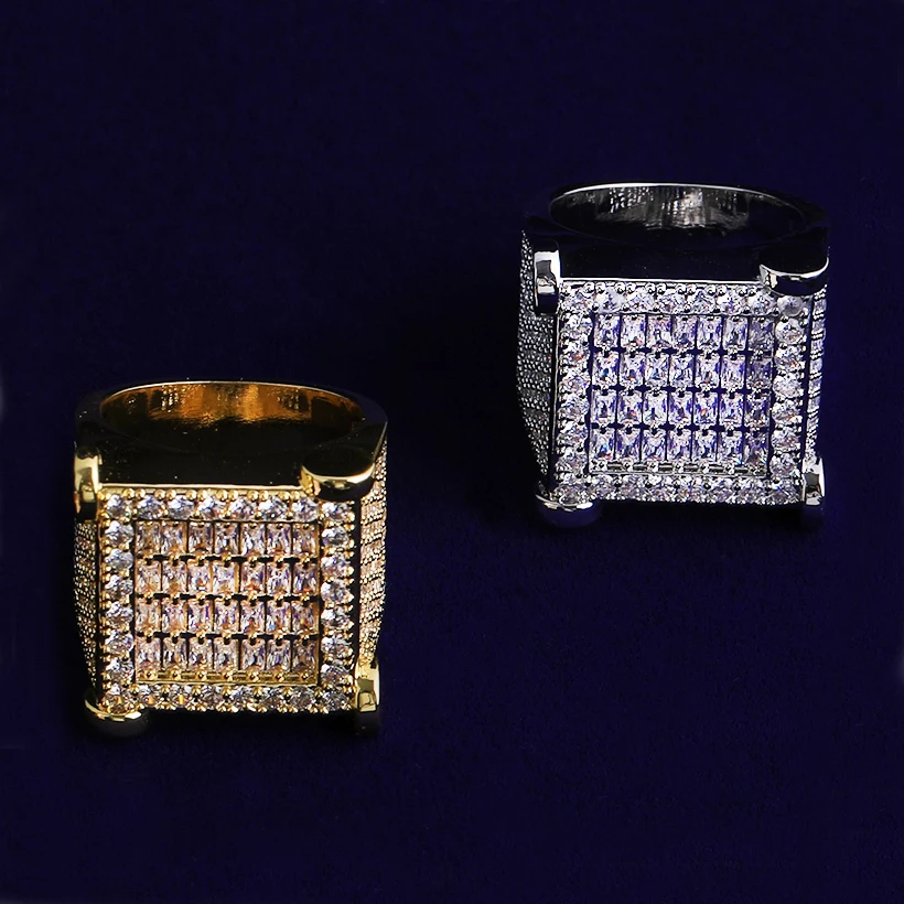 Bubble Letter Iced Out Nail Square Baguette Ring for Men Real Gold Plated Cubic Zirconia Hip Hop Jewelry
