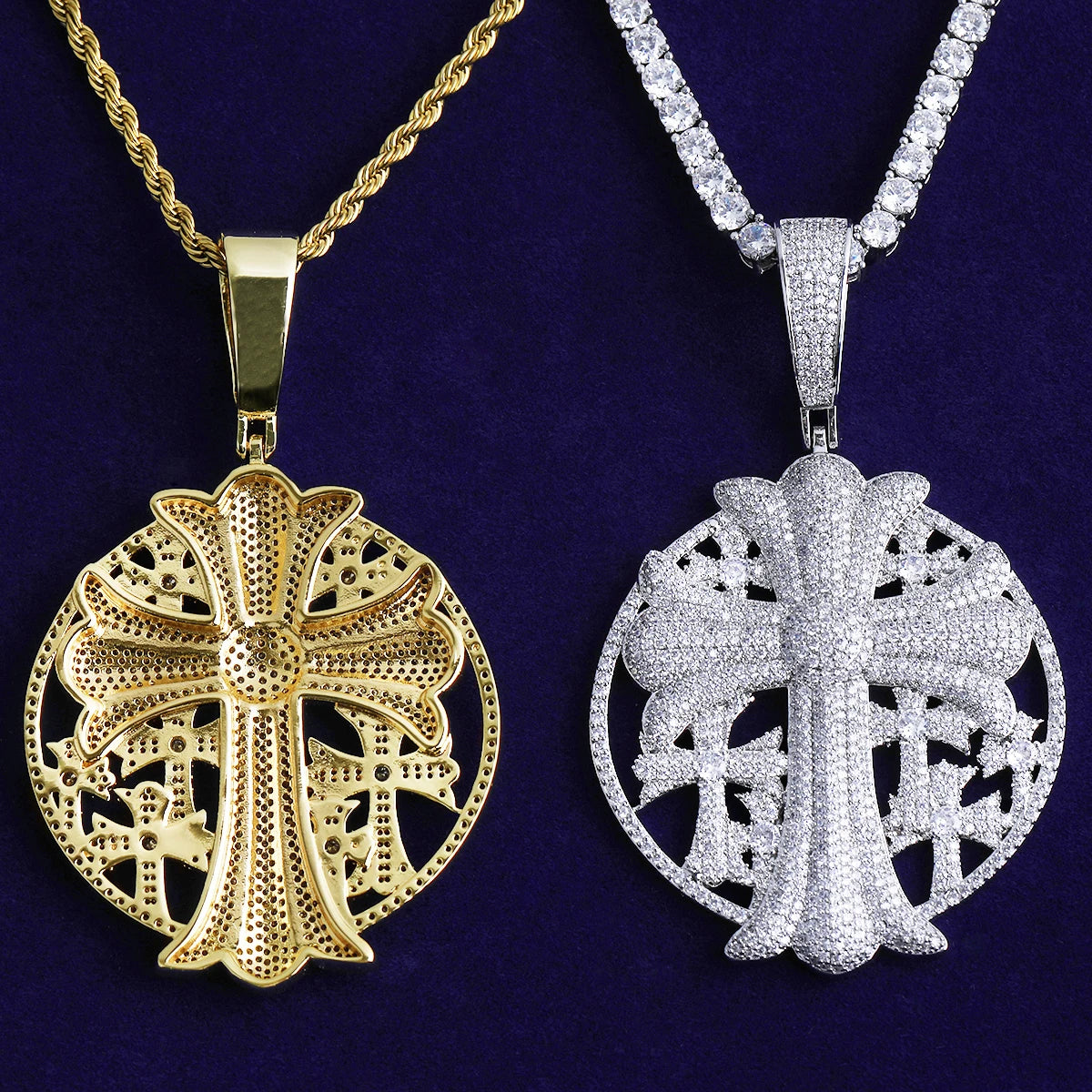 Bubble Letter Iced Out Cross Disc Necklace Pendant for Women Real Gold Plated 5A Cubic Zirconia Hip Hop Jewelry