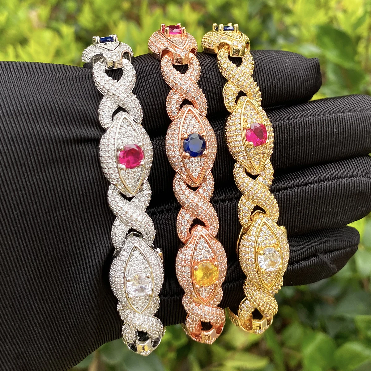 Bubble Letter Iced Out Colorful Eye Infinity Link Bracelet for Men Real Gold Plated Cubic Zirconia Hip Hop Jewelry
