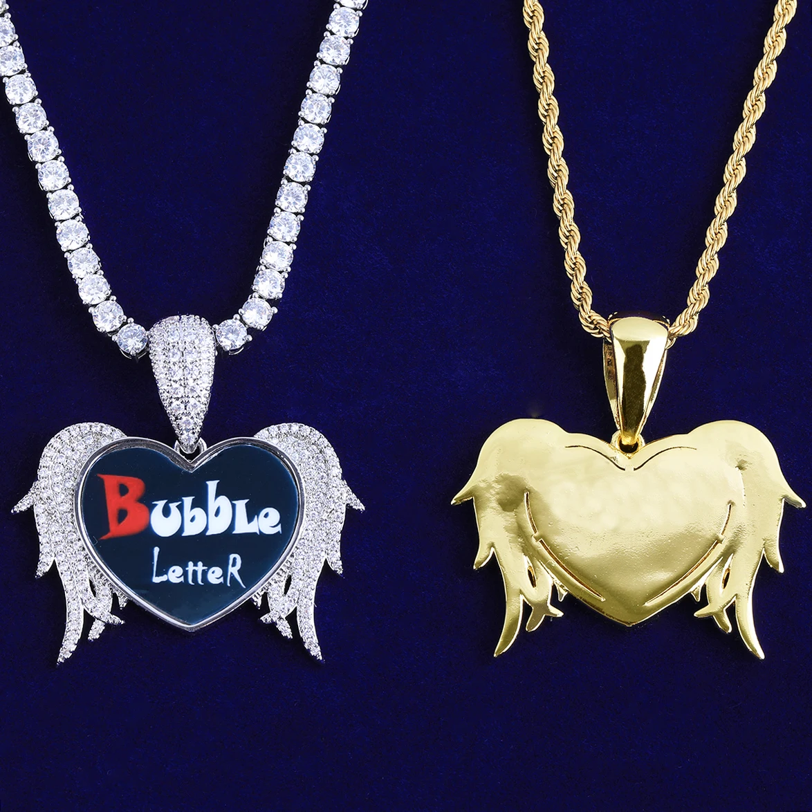 Bubble Letter Iced Out Heart Custom Photo Necklace Pendant for Women Real Gold Plated 5A Cubic Zirconia Hip Hop Jewelry