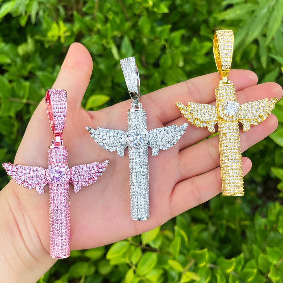 Bubble Letter Iced Out Wing Cross Necklace Pendant for Men Prong Setting 5A Cubic Zirconia Hip Hop Jewelry