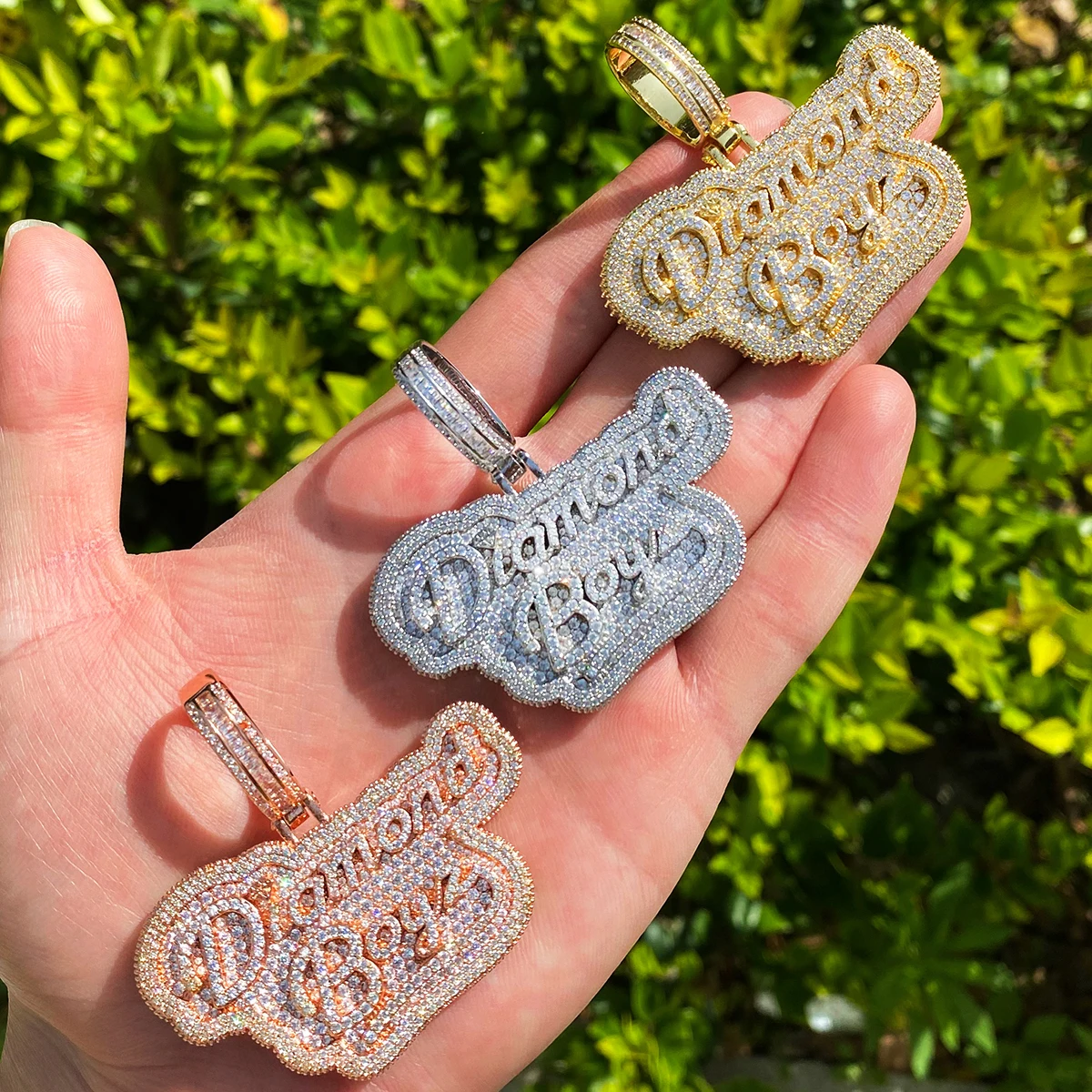 Bubble Letter Iced Out Diamond Boyz Necklace Pendant for Men Real Gold Plated Cubic Zirconia Hip Hop Jewelry