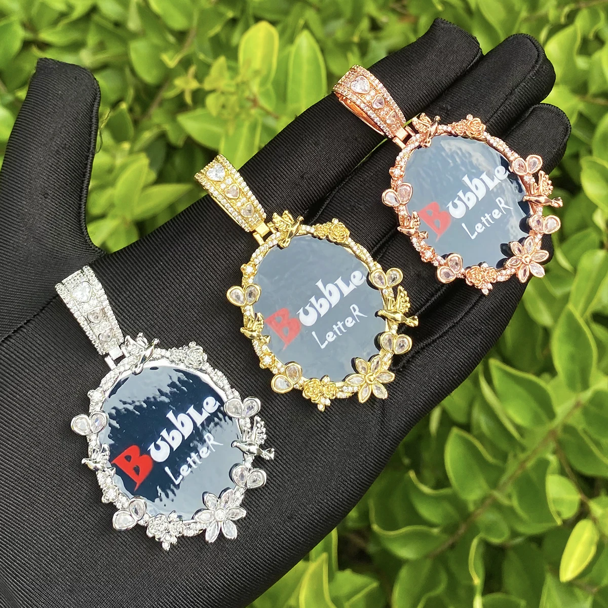 Bubble Letter Oval Dove Rose Flower Custom Photo Necklace Pendant for Women Real Gold Plated Hip Hop Jewelry