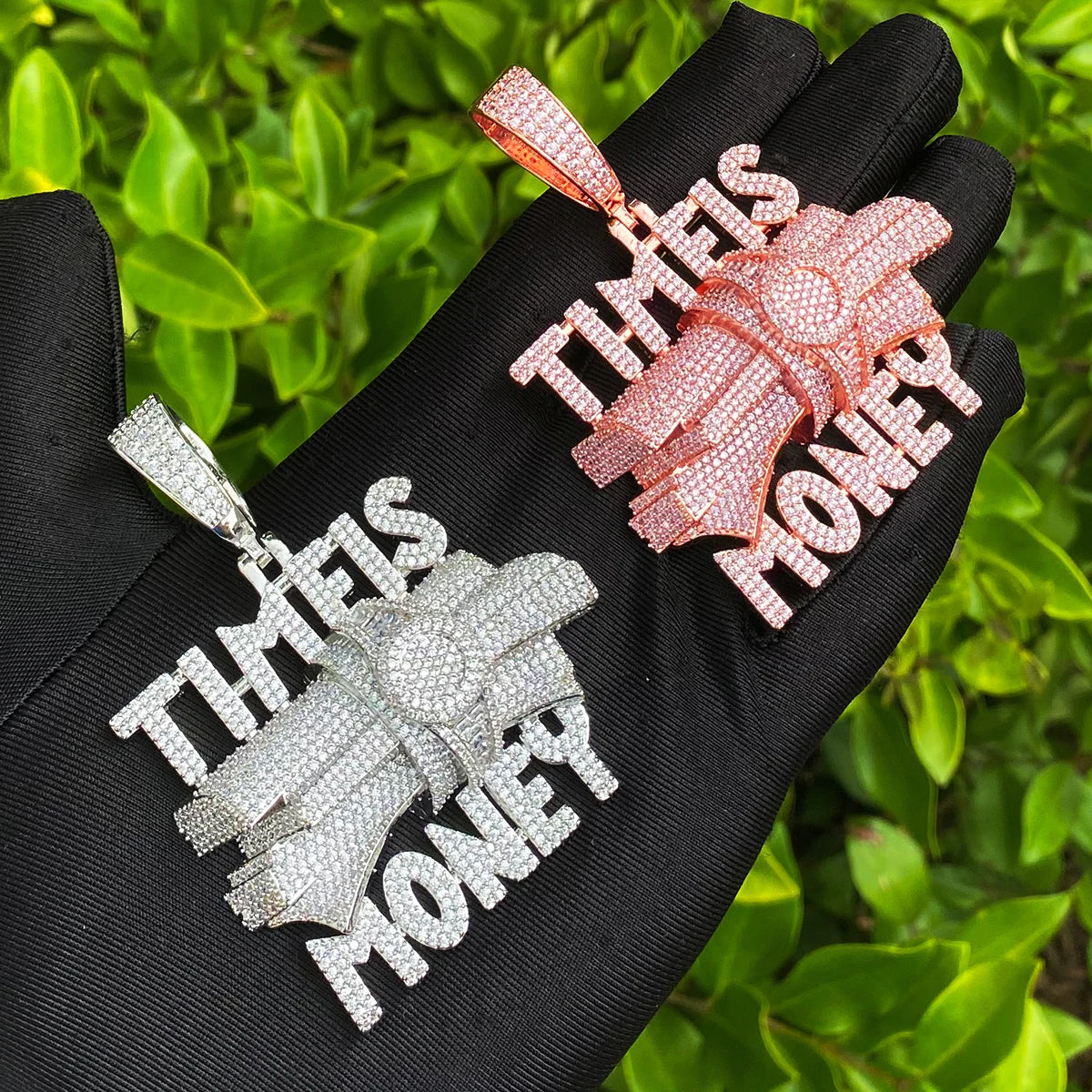 Bubble Letter Iced Out Time is Money Necklace Pendant for Men Prong Setting Real Gold Plated Hip Hop Jewelry